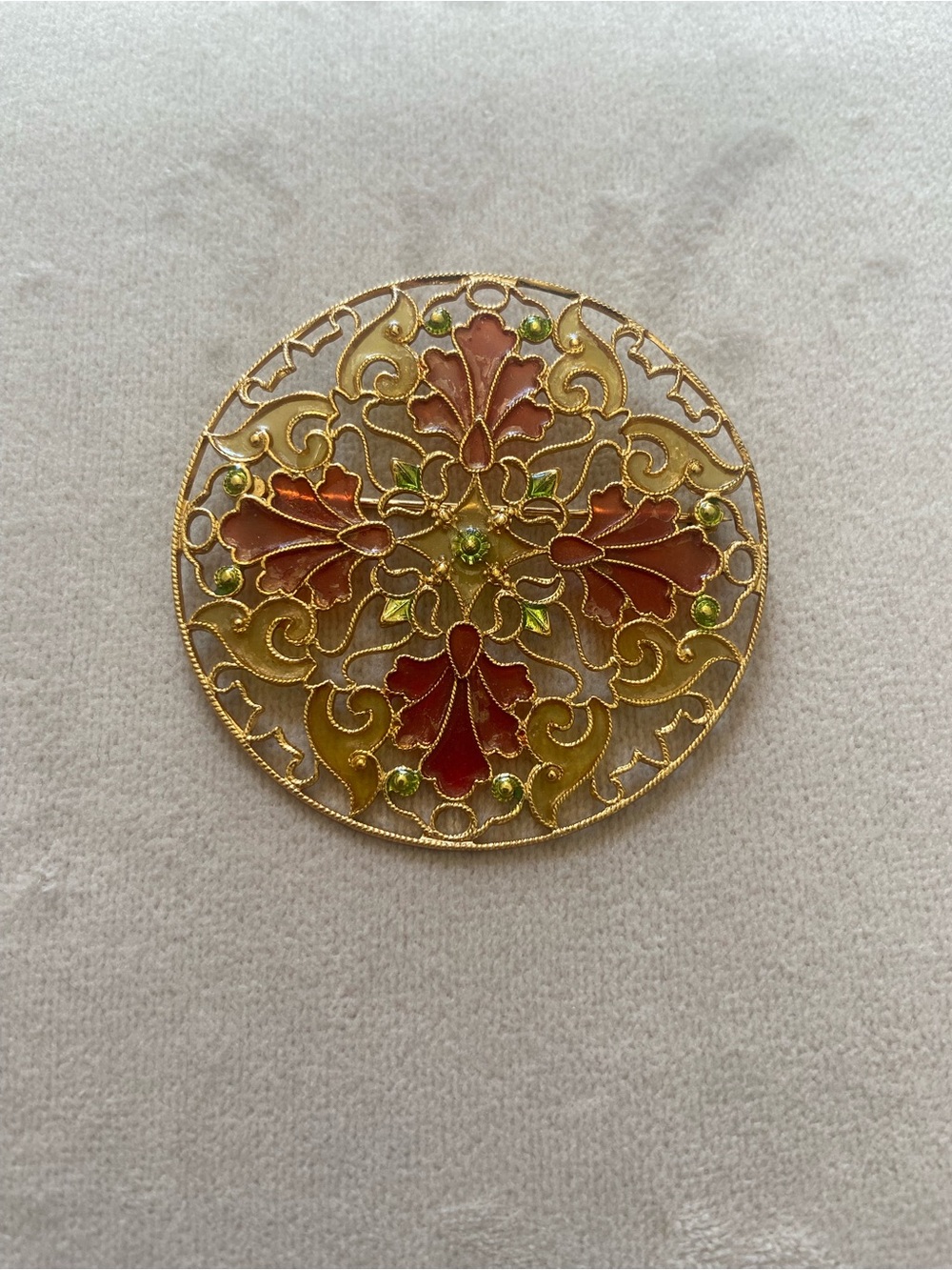 Vintage Source Unknown Gold Filigree Round Brooch with Red and Green Enamel
